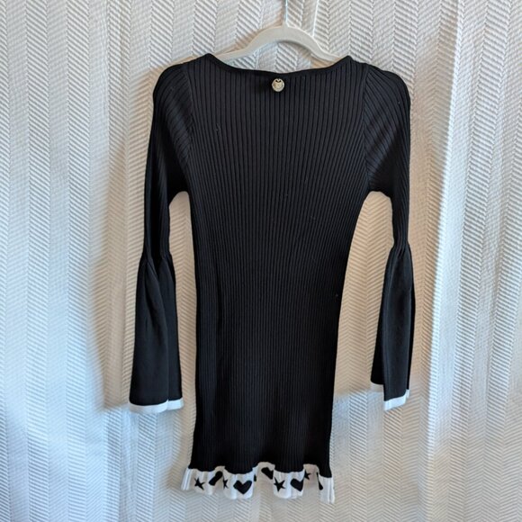 Denny Rose Black & White Ribbed Knit Dress Size L Bell Sleeves Ruffle Hem - Picture 5 of 7